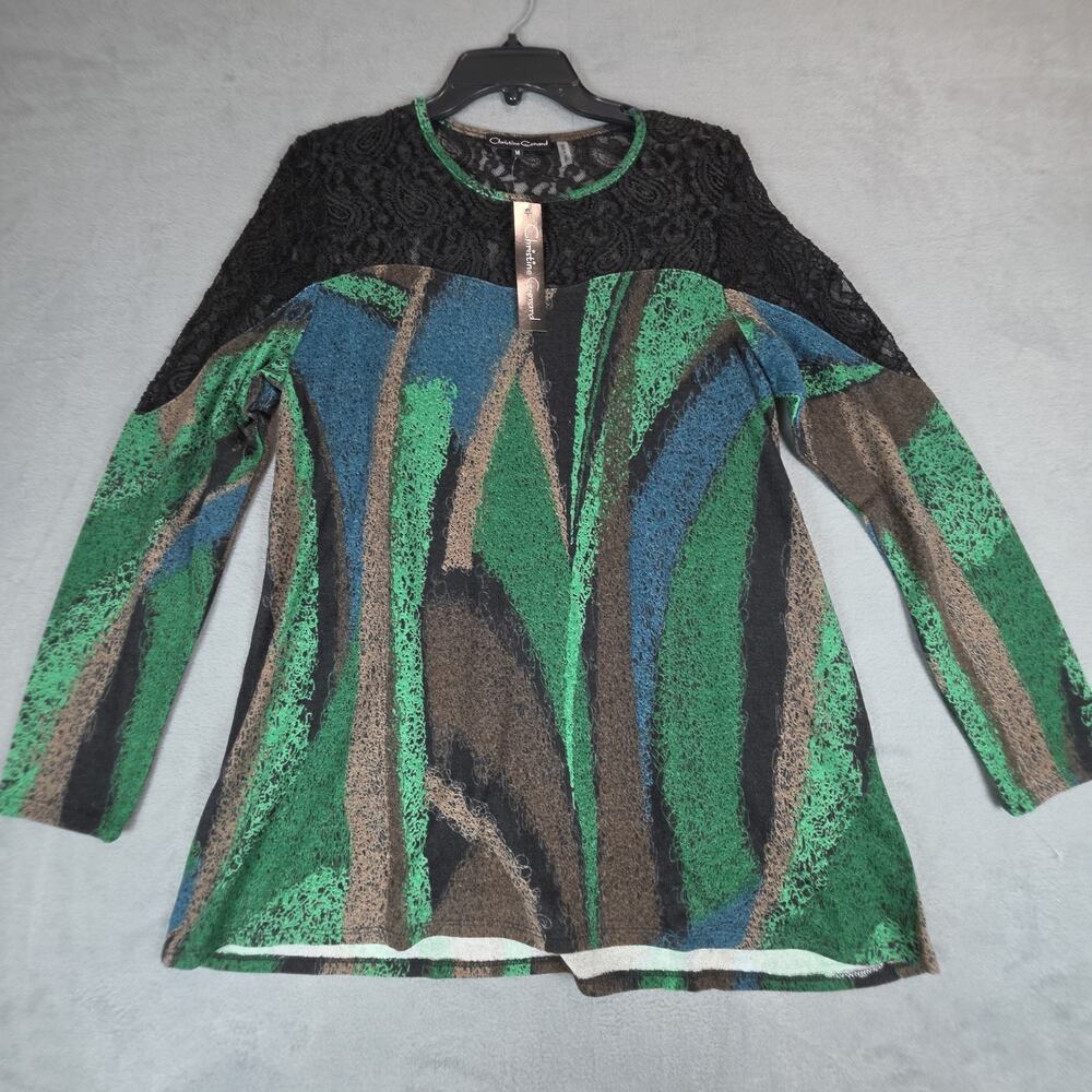 Christine Gerard Lace Blouse Womens M Green Blue Abstract Top Stretch 3/4 Sleeve